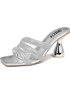 Women's Silver Rhinestone Square Toe Backless 3.15 IN Chunky High Heel Sandals
